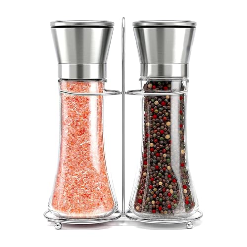Willow & Everett Stainless Steel Salt and Pepper Grinder Set -Tall Shaker, Adjustable Coarseness, Refillable -Sea Salt, Black Peppercorn Mill
