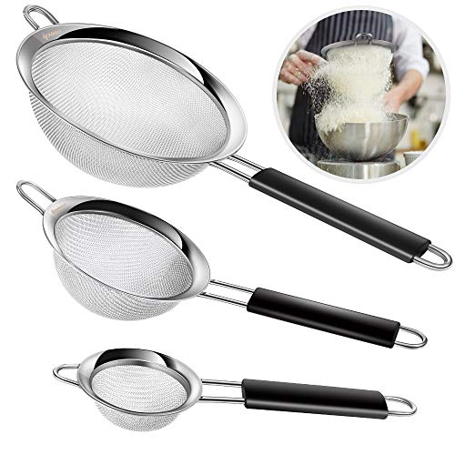 IPOW Fine Mesh Strainer, 3 Pack Professional Super Fine Mesh Strainer with Strengthened Non-Slip Handles Covered by Silicone 