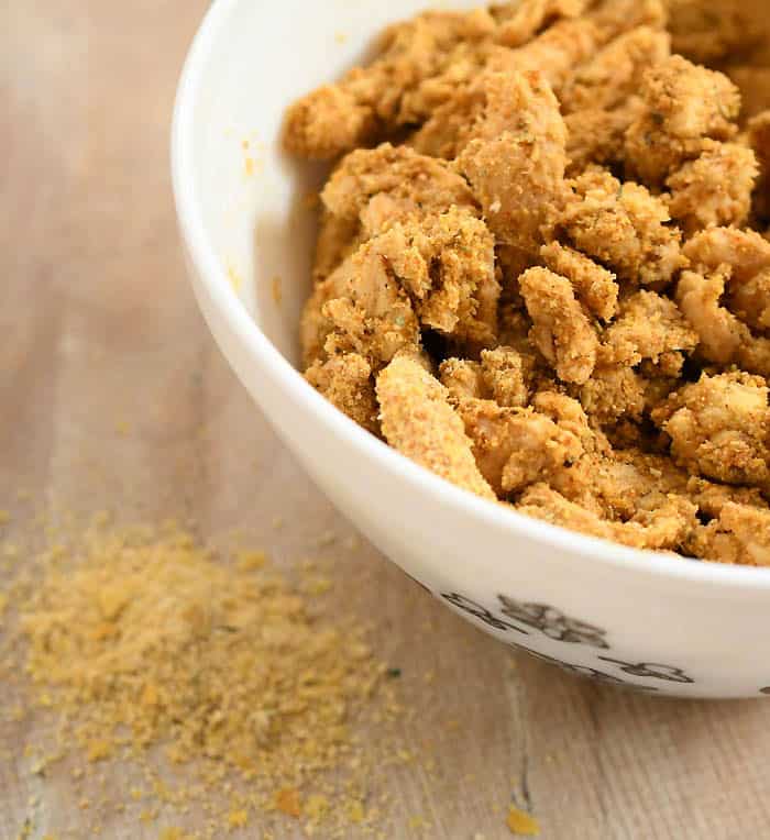 Fried Chicken and Soy Curls in a bowl