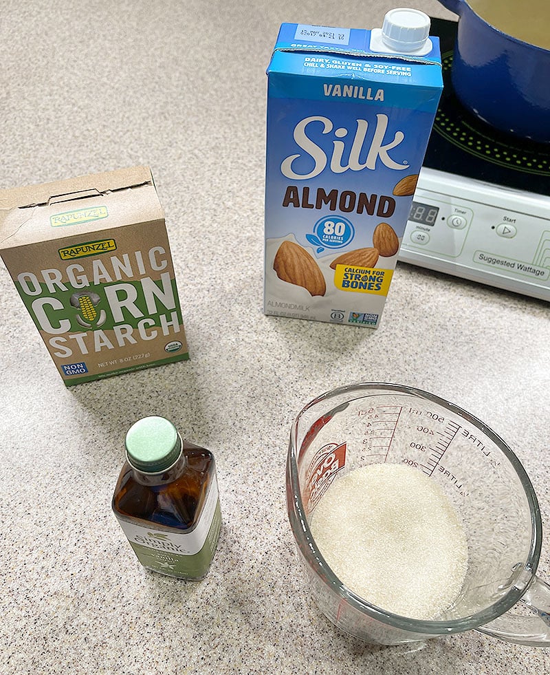 Ingredients to make southern banana pudding: almond milk, organic corn starch, vanilla, and vegan sugar.