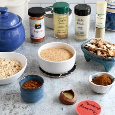 Easy Vegan Beef Broth Powder in a white ceramix bowl.