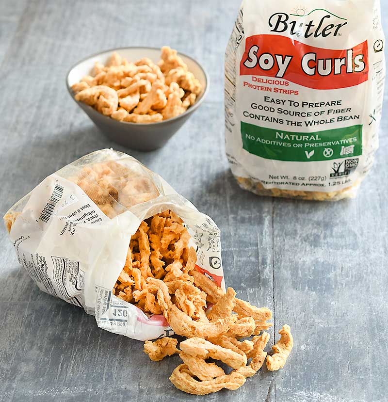 soy curls in bag and scattered on table