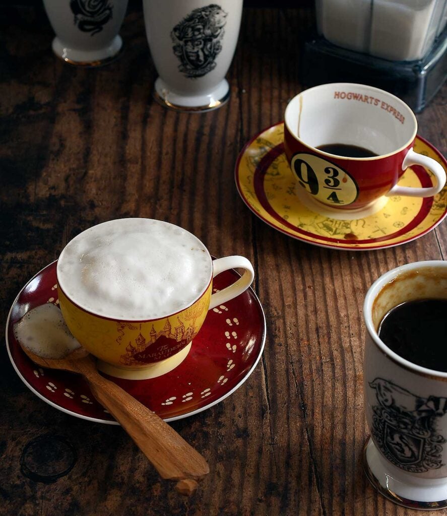 Butterbeer with foamed milk topping on a 9 3/4 tea cup