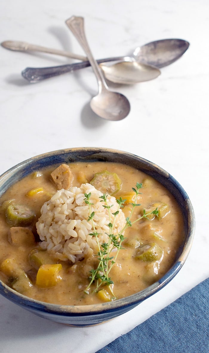 The roux is what thickens my Butternut Squash Okra Gumbo as well as give it a deeper flavor. While butternut squash isn’t a traditional gumbo ingredient, it adds a fall flair. There is a no oil added option - you can straight up toast flour to help get that nutty flavor with zero oil. Also you can substitute cooked beans for the vegan sausage if they aren’t your thing.