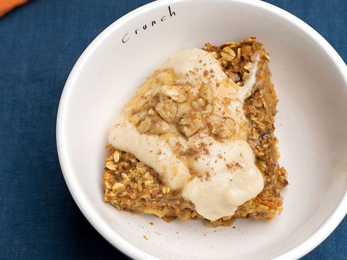 Vegan Baked Orange Carrot Cake Oatmeal topped with Nancy's Cultured Soy Vanilla "Icing"