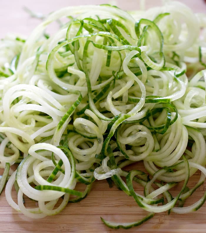 Cucumber Noodles on wooden chopping board