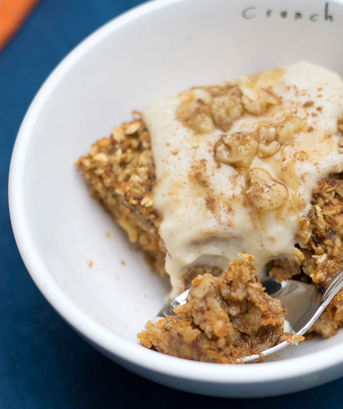 Vegan Baked Orange Carrot Cake Oatmeal topped with Vanilla Nancy's Organic Cultured Soy "Icing"