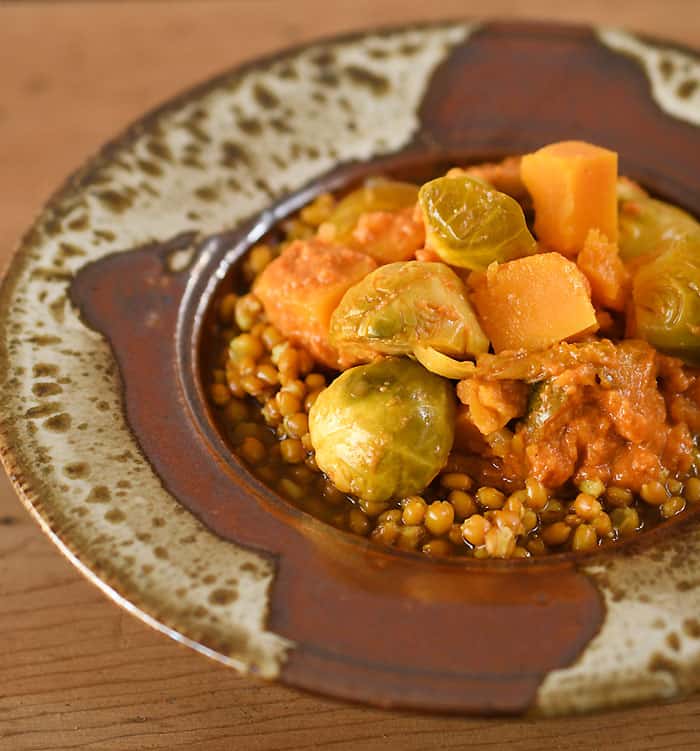 Vegan Brussels Sprout and Butternut Squash Curry over Instant Pot Wheat Berries