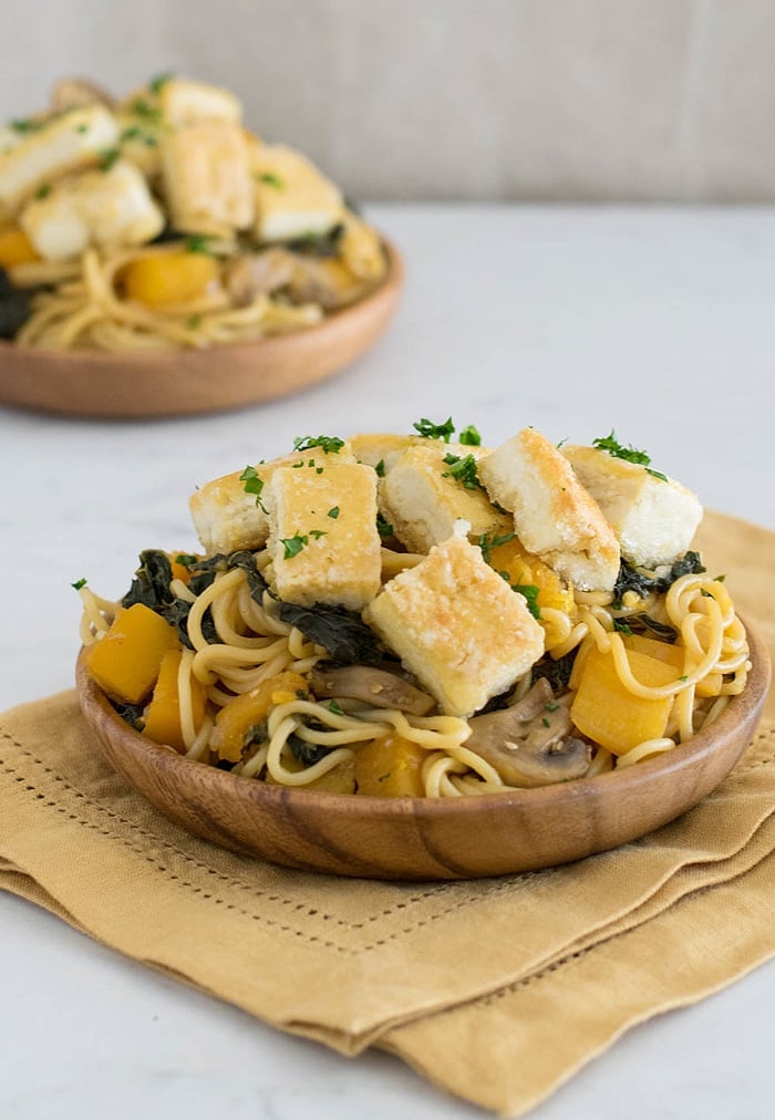 Butternut Squash And Kale Lo Mein With Crispy Tofu for #HealthyPastaMonth