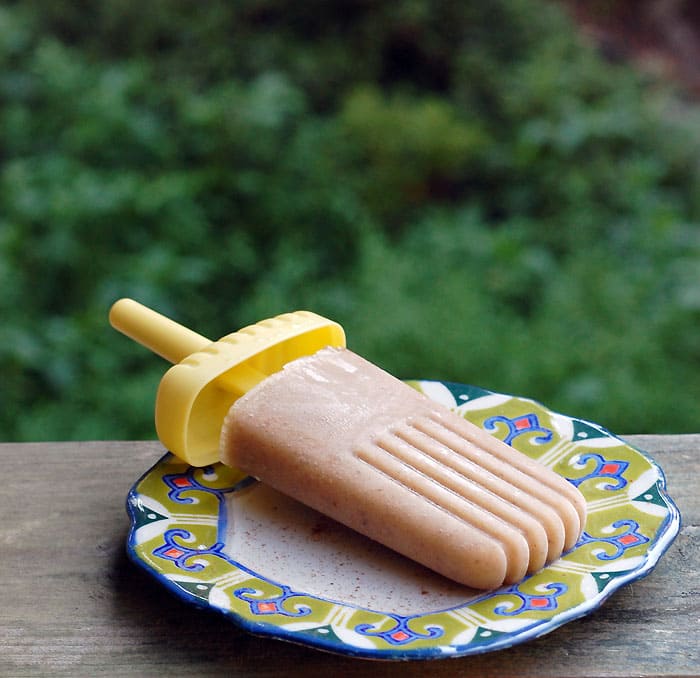 vegan banana chai-spiced popsicle on a plate on top of a wooden table with some green bush on the background