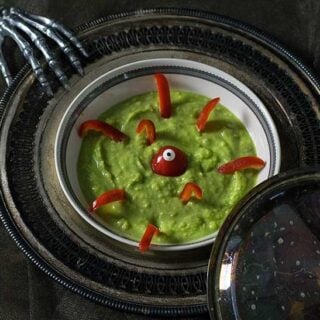 Green Potato Soup with red pepper monster