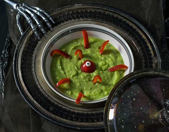 Green Potato Soup with red pepper monster