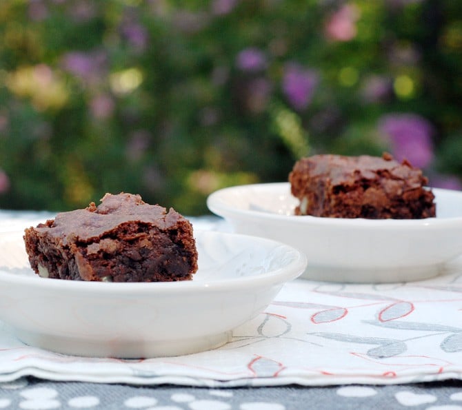 2 chocolate chip brownies on each of their small white saucers