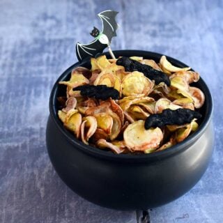 Potato chips made from yellow fingerling potatoes with halloween decorative bat chips made with