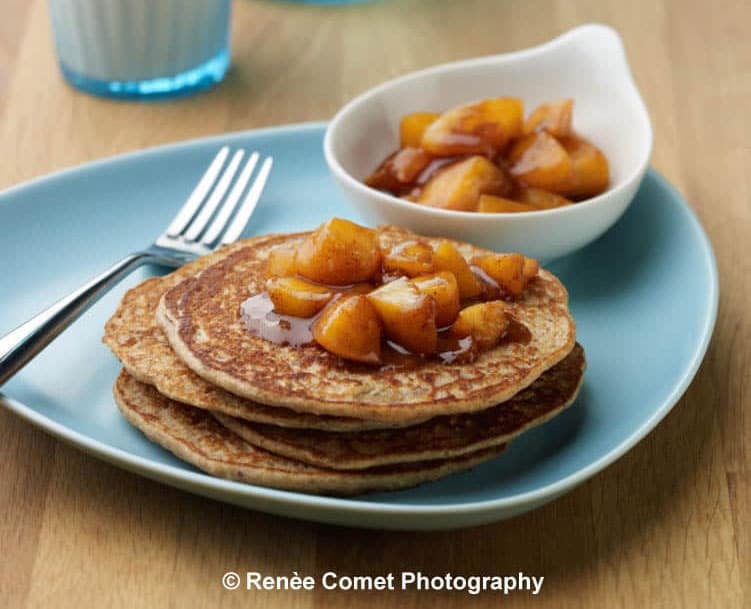 Enchanted Vanilla Pancakes with Chai-spiced Peach Compote