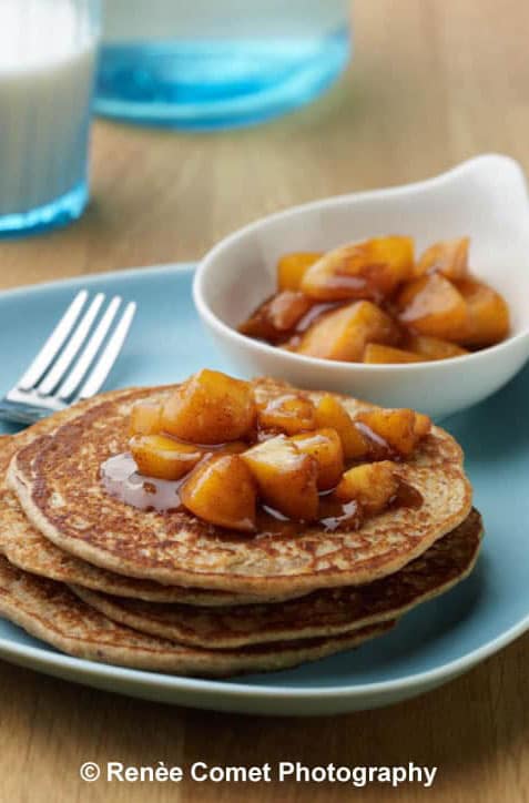 Enchanted Vanilla Pancakes with Chai-spiced Peach Compote