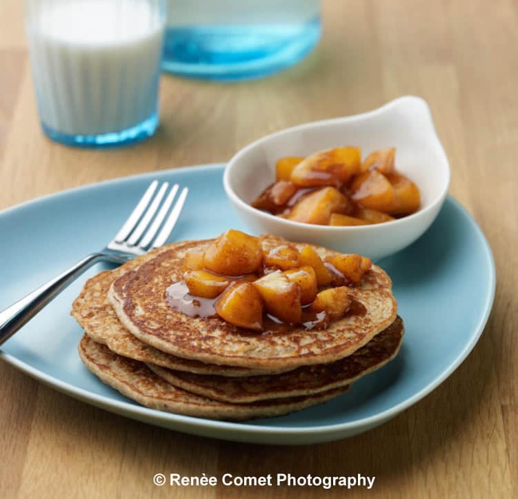 Enchanted Vanilla Pancakes with Chai-spiced Peach Compote