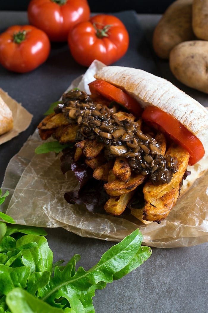 Cajun French Fry Po' Boy with Vegan Mushroom Gravy (Air Fryer and Oven Directions)