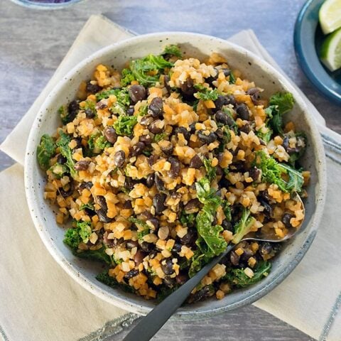 Quick and Easy Weeknight Vegan Skillet: Cauliflower Rice and Black Beans with Kale