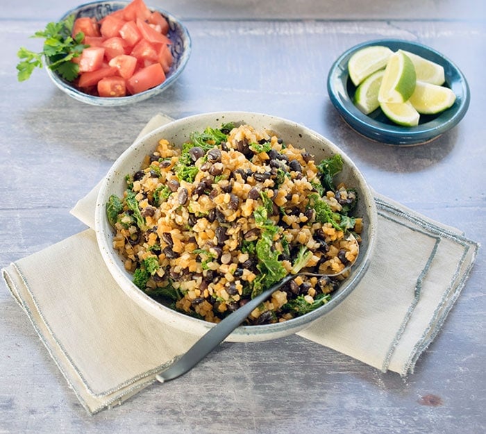 Quick and Easy Weeknight Vegan Skillet: Cauliflower Rice and Black Beans with Kale