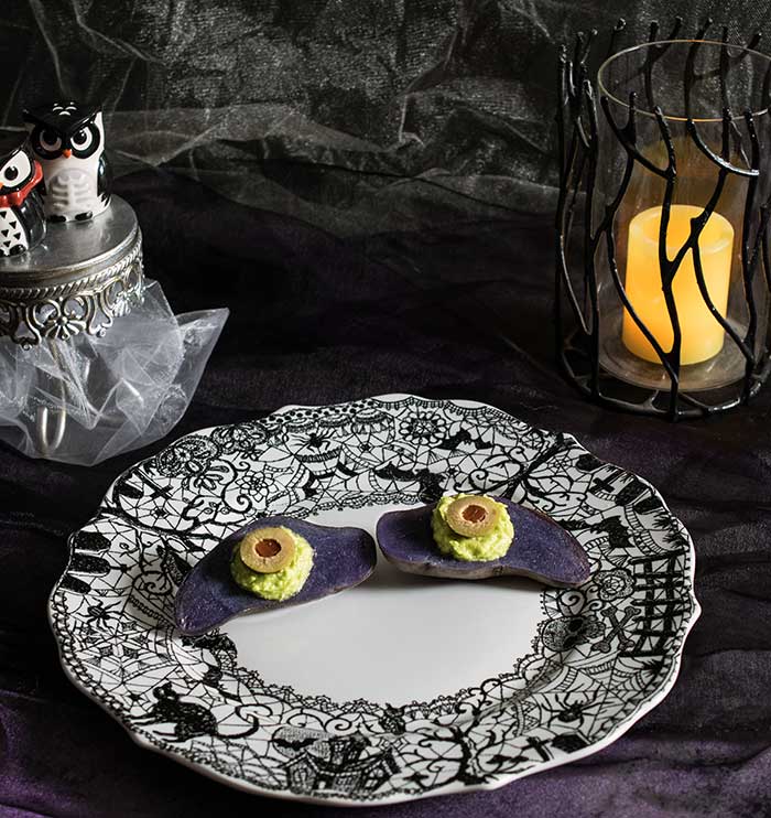 Spooky Purple Potato Eyes with Smoked Avocado Mousse
