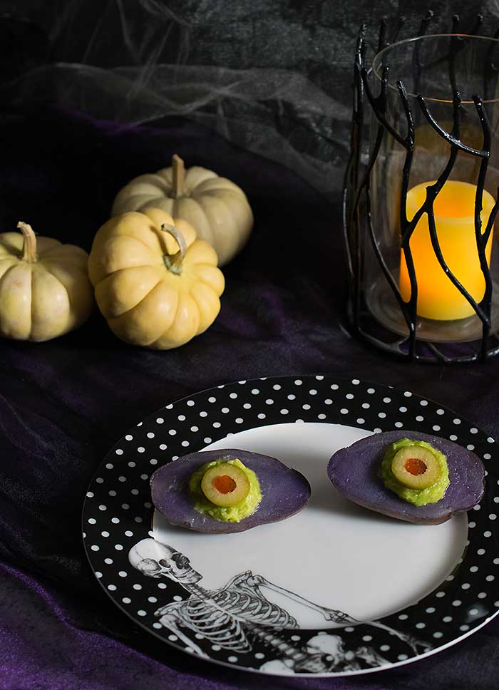 Spooky Purple Potato Eyes with Smoked Avocado Mousse