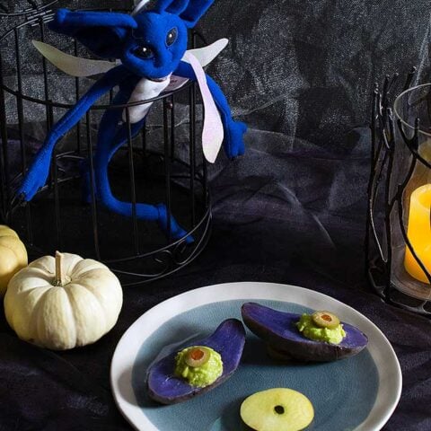 Spooky Purple Potato Eyes with Smoked Avocado Mousse