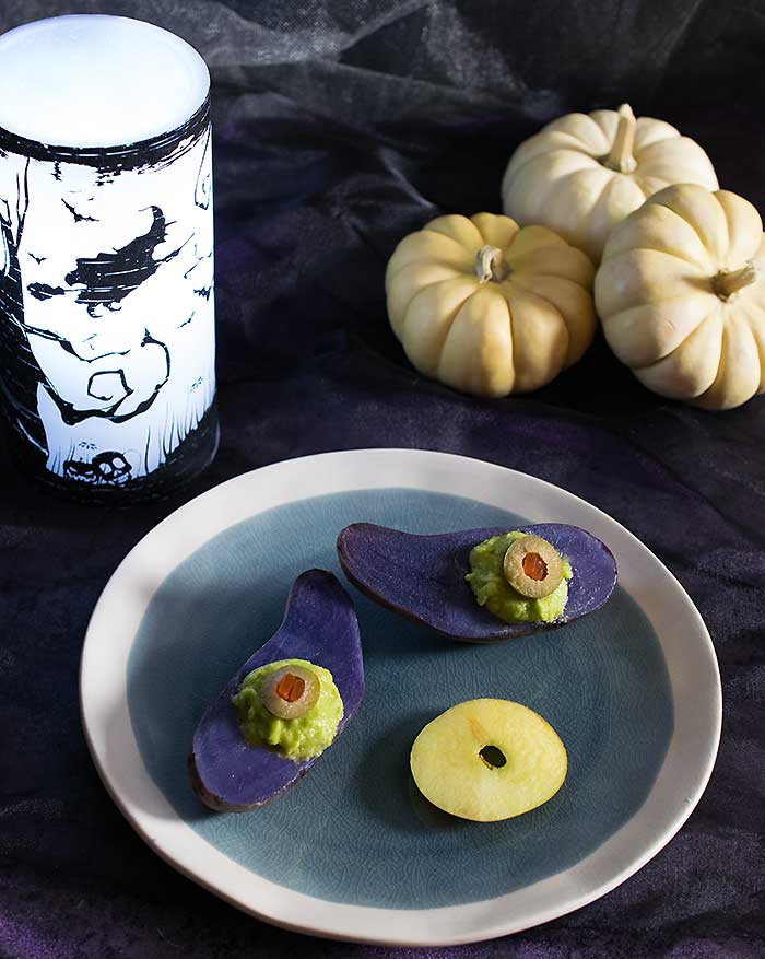 Spooky Purple Potato Eyes with Smoked Avocado Mousse