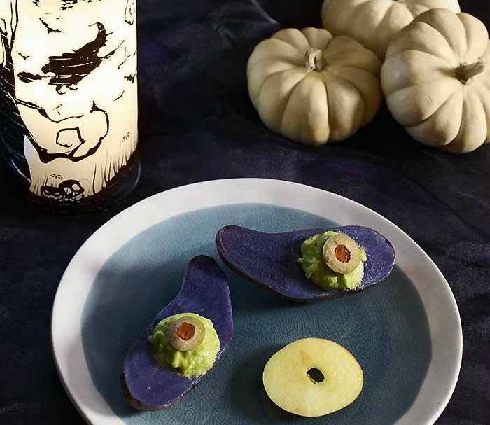 Spooky Purple Potato Eyes with Smoked Avocado Mousse