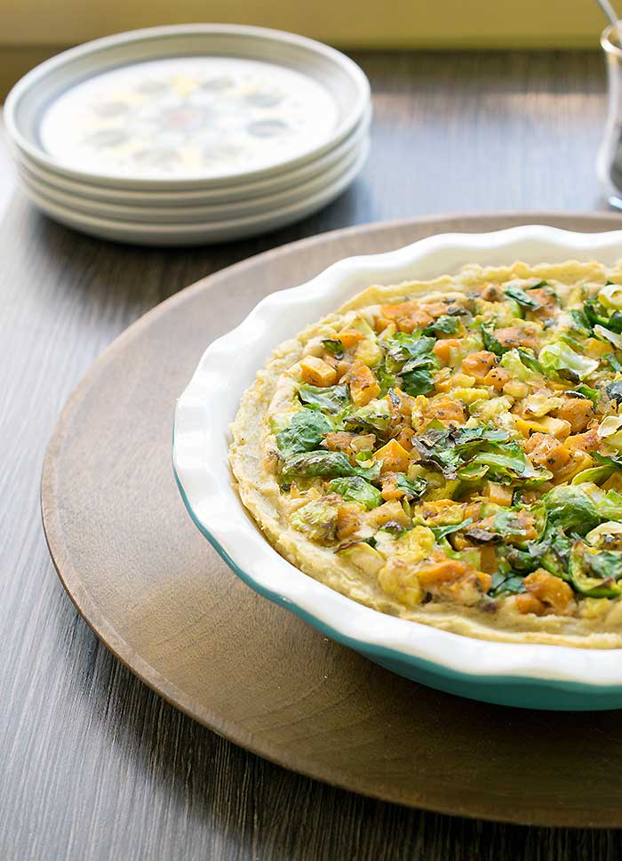 Mashed Potato Crusted Butternut Squash, Brussels Sprouts, and Tofu Pie