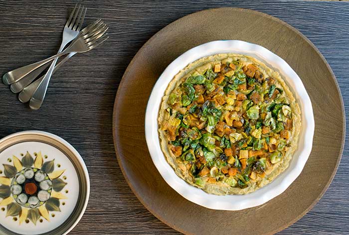Mashed Potato Crusted Butternut Squash, Brussels Sprouts, and Tofu Pie