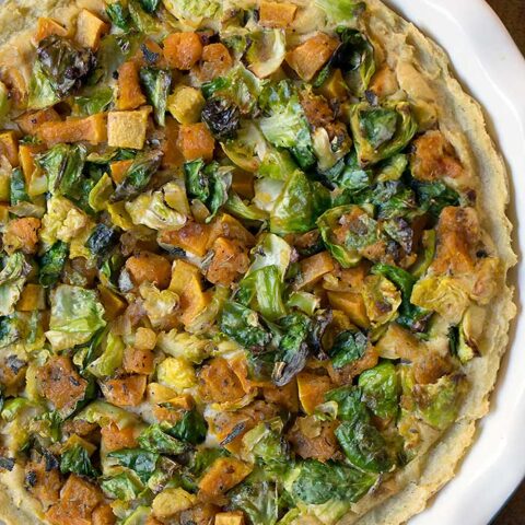 Mashed Potato Crusted Butternut Squash, Brussels Sprouts, and Tofu Pie