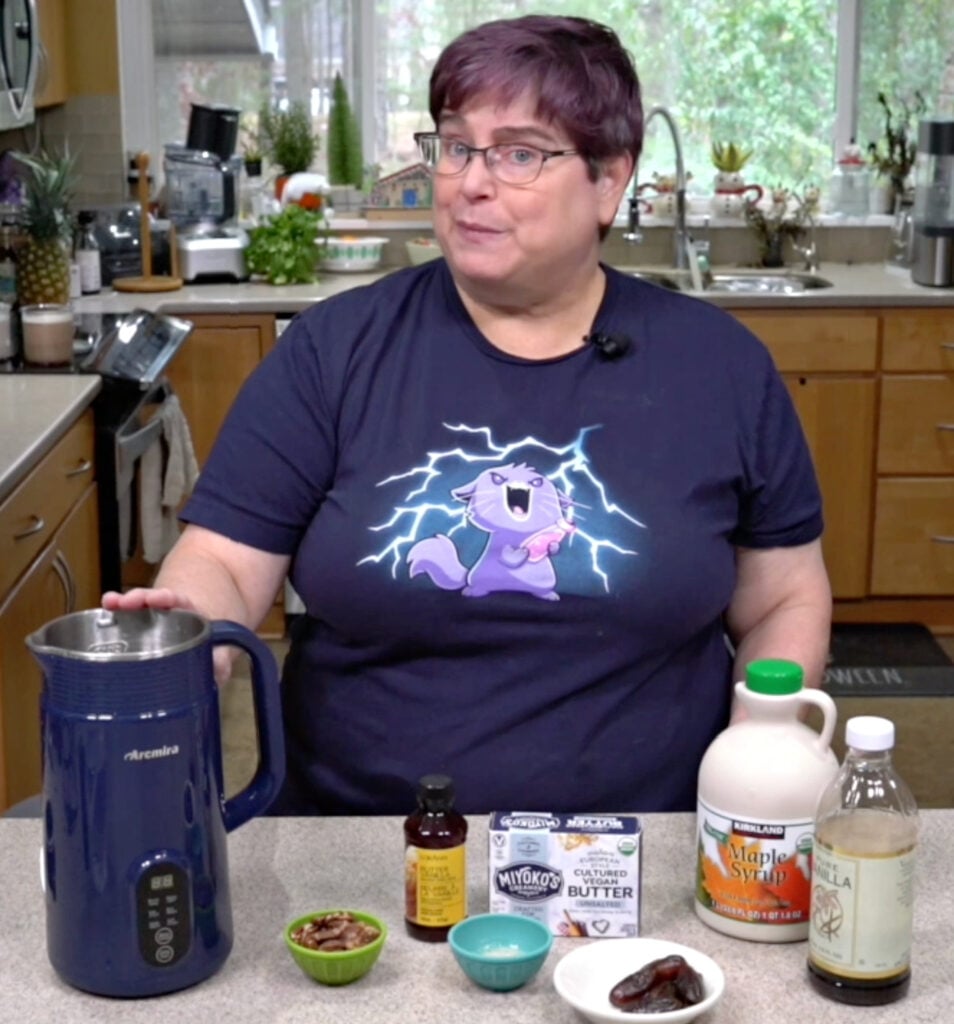 Kathy showing the Arcmirea milk maker and making a base for vegan butter pecan ice cream.