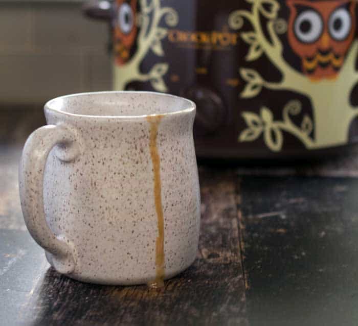 Slow Cooker vegan maple pumpkin latte in a white speckled mug with an owl slow cooker in the background