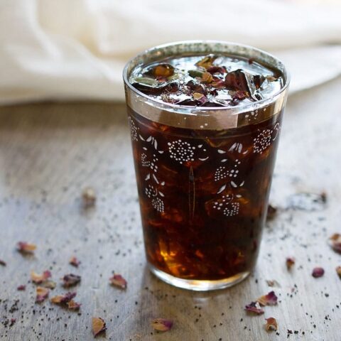 Middle Eastern Iced Coffee with Homemade Cardamom Vanilla Syrup and Rosewater