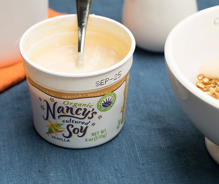 Vegan Baked Orange Carrot Cake Oatmeal topped with Vanilla Nancy's Organic Cultured Soy "Icing"