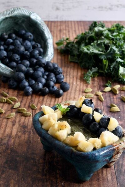 Ninja Creami Smoothie Bowl made with blueberries and greens