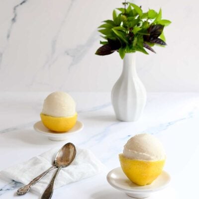 Lemon frozen yogurt in a hollowed out lemon shell.
