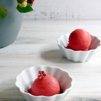 strawberry sorbet in a white dish garnished with a strawberry flower and strawberry plant in background