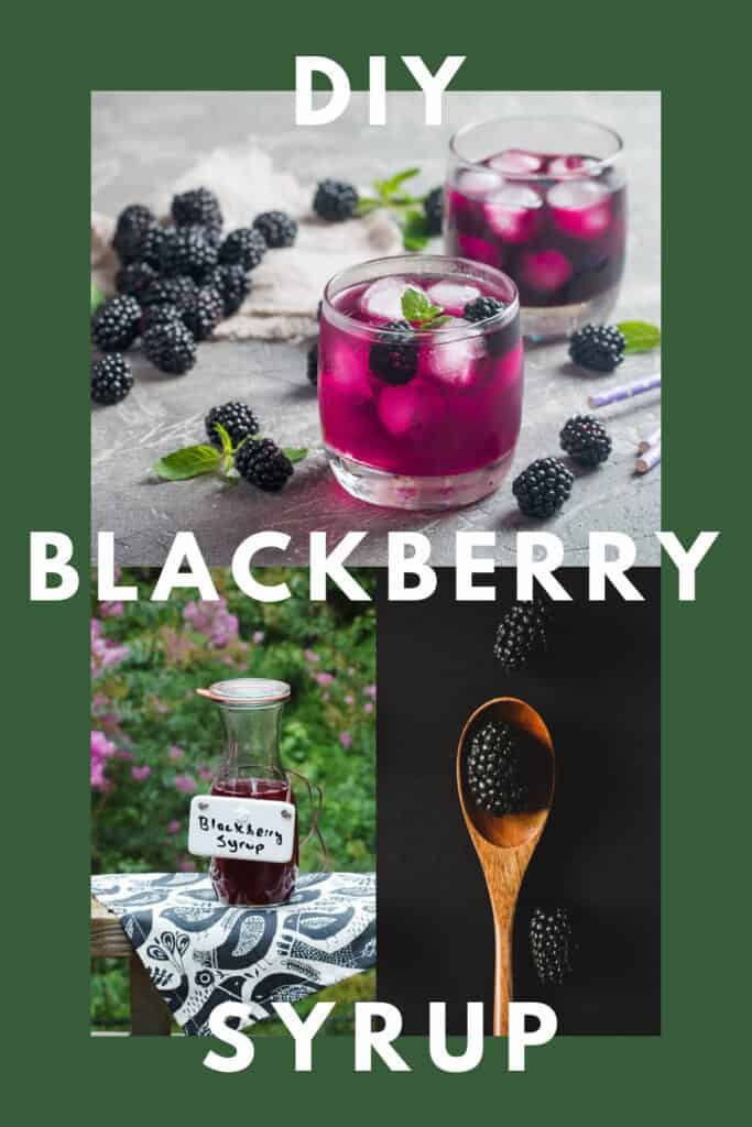 Blackberry cocktails, blackberry syrup in carafe, fresh blackberry in wooden spoon - photo collage