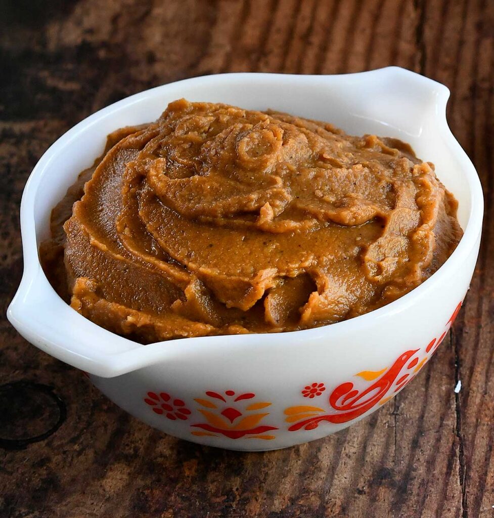 Dessert hummus made of pumpkin, chickpeas, maple syrup, and spices.