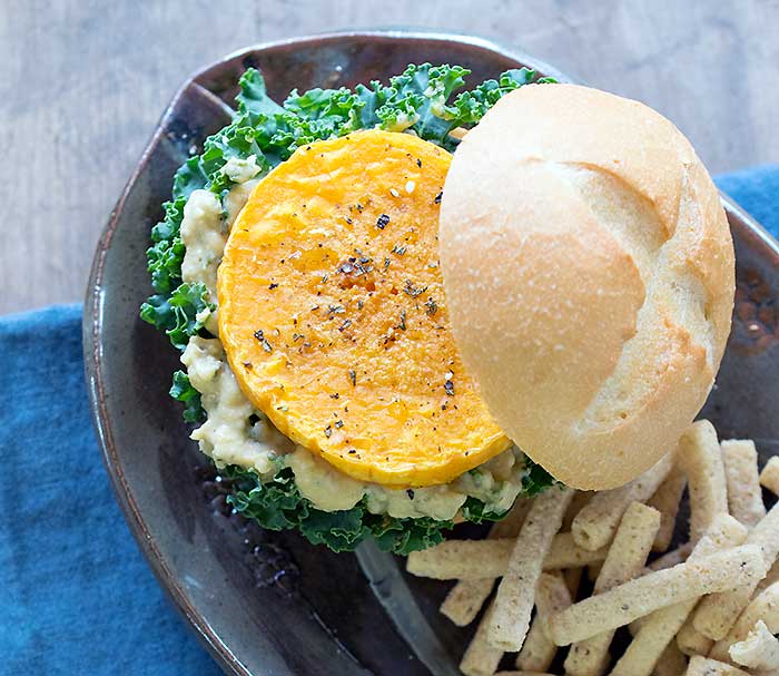 Roasted Butternut Squash Veggie Burgers with Sabra Spread and fries on the side
