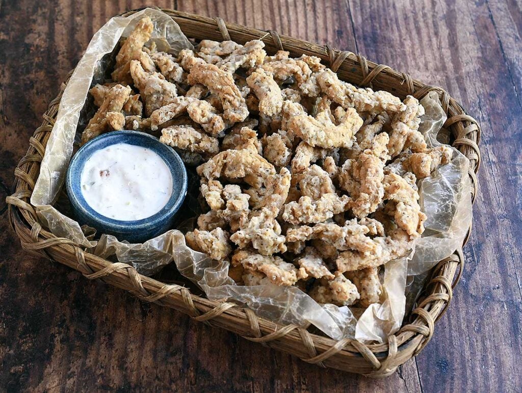 Air fryer soy curls clam stripsand vegan tartar sauce