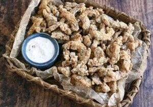 Air fryer soy curls made into clam strips.