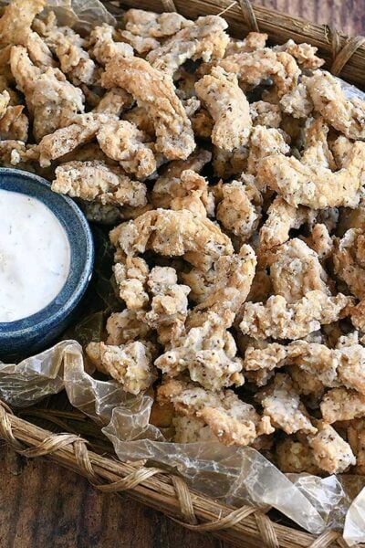 Air fryer soy curls made into clam strips.