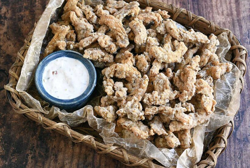 Air fryer soy curls made into clam strips.