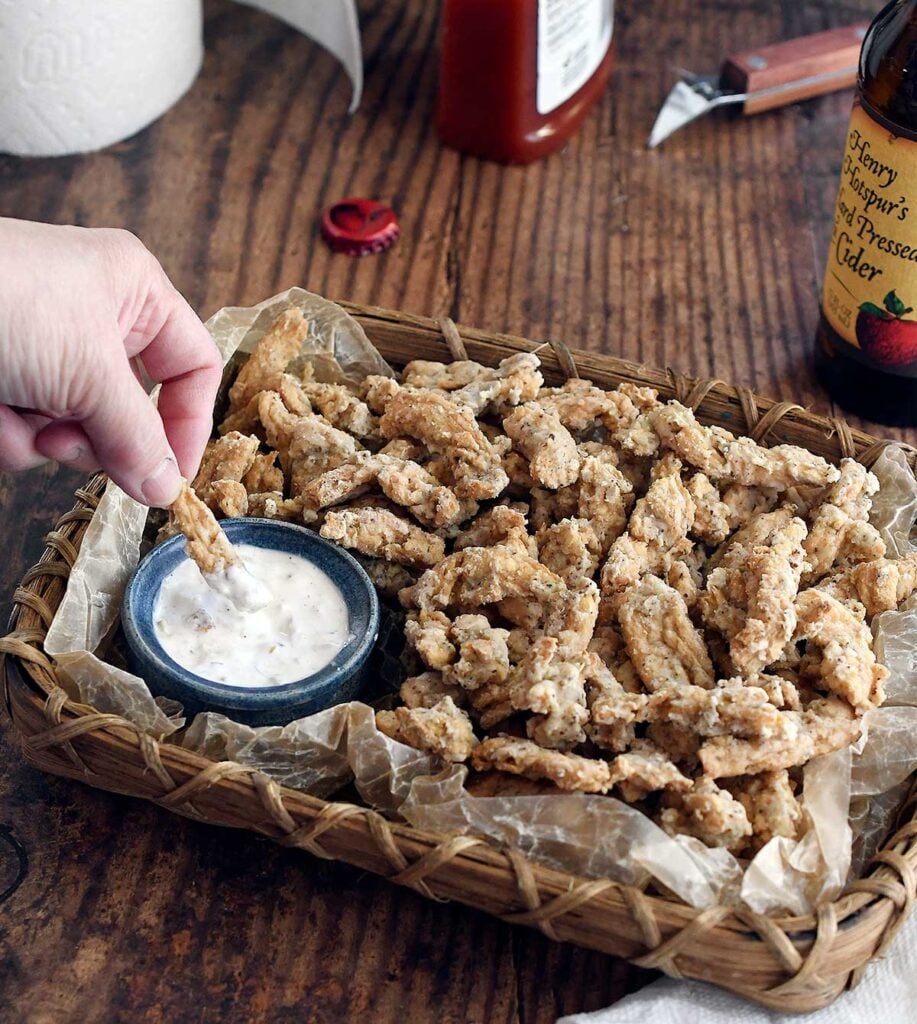 Air fryer soy curls clam strips and vegan tartar sauce