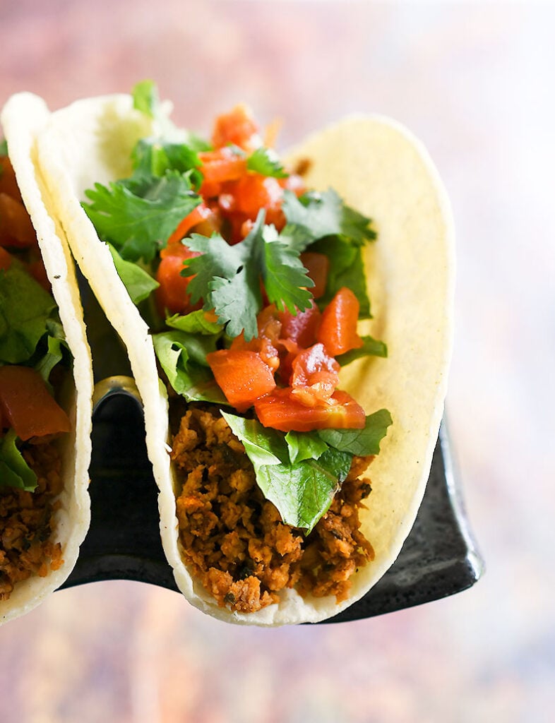 Closeup of a soy curl taco
