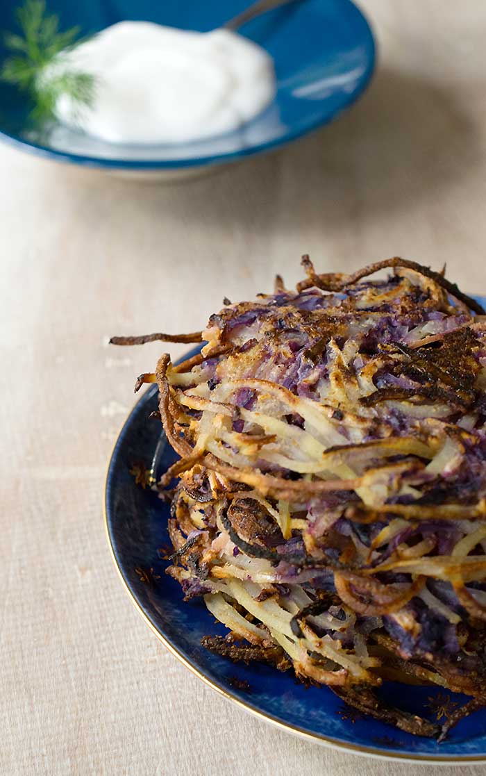 Spiralized Vegan Latkes with Red Cabbage and Apple