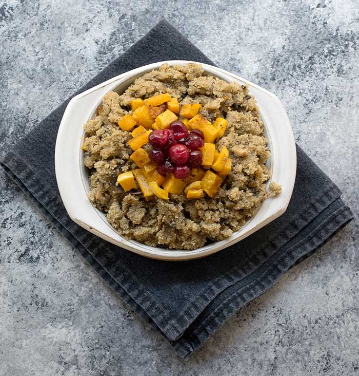 Gluten-free Vegan Teff Stuffing with Roasted Butternut Squash and Candied Cranberries